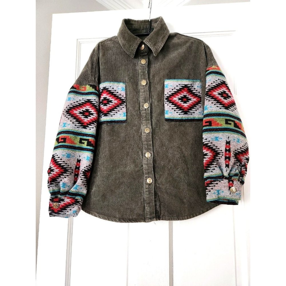 ARMY GREEN Cordoroy Winter Jacket w/Tribal Print Sz S